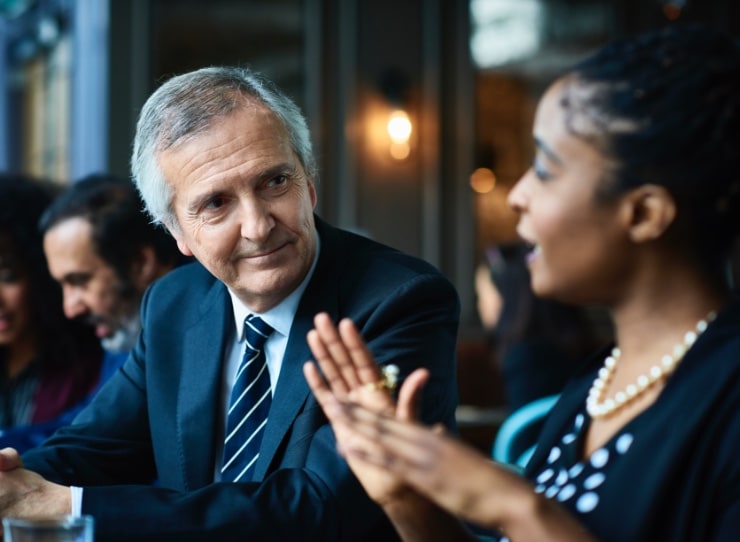 man and woman talking